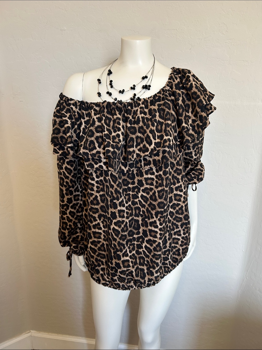 Michael Kors Leopard Print Off-Shoulder Ruffle Blouse - Tan/Black